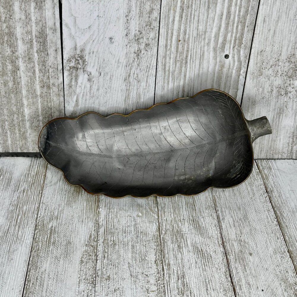 Vintage Chinese Pewter Leaf Dish With Copper Edging